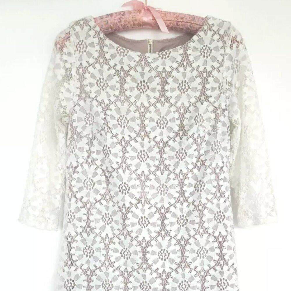 VINCE CAMUTO Summer Lace Dress Eyelet 3/4 Sleeve Ivory Off White Shift Mini